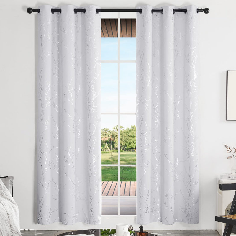 Silver Tree Branches Printed Pattern Blackout Grommet Curtains (Set Of 2), 42" W x 84" L, Grayish White