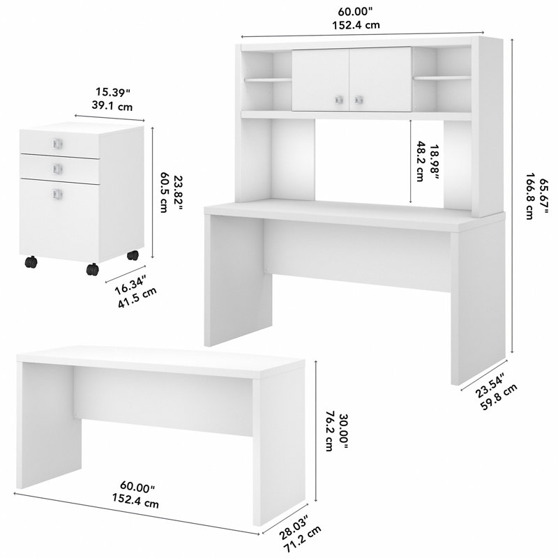 Ensemble de bureau rectangulaire 4 pièces Echo, Blanc pur