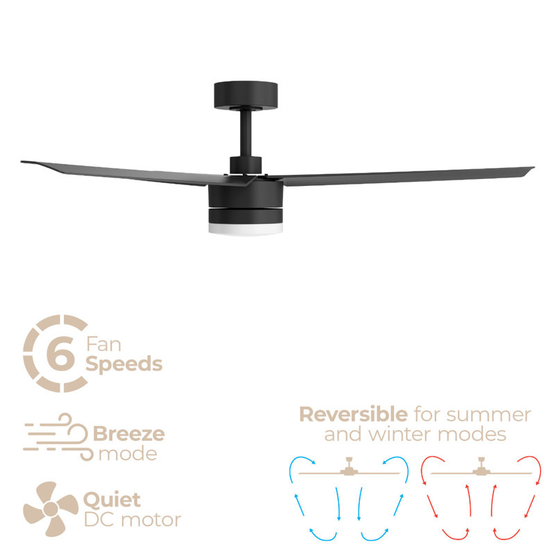 Breeze 52in 3-Blade Smart Ceiling Fan in Matte Black 2700K-6000K CCT Tunable Range LED Light Kit with Remote Control Works With iOS or Android App