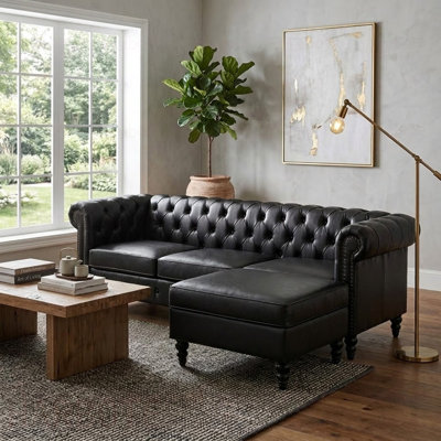 Canapé modulaire moderne en L à 4 places avec repose-pieds avec rangement, canapé modulaire en cuir de polyuréthane avec dossier capitonné, accoudoirs courbés décorés de rivets et pieds en bois de bouleau massif