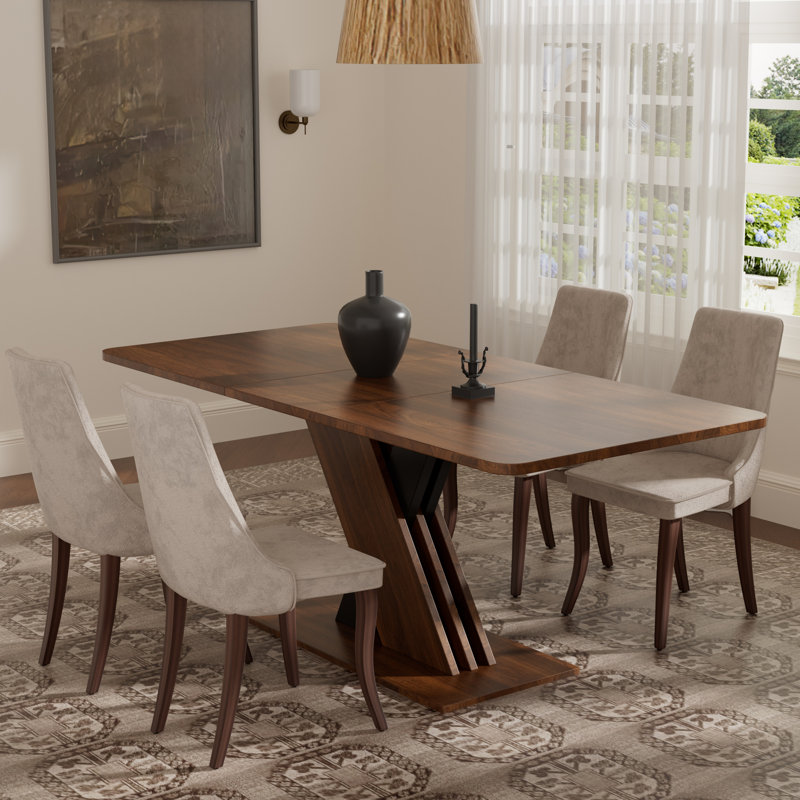 Rectangle Pedestal Dining Set with Rayon Cloth Flocking Fabric Dining Chairs Set, 5, Beige, Brown