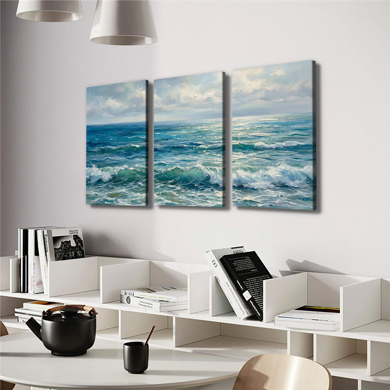 Coastal Ocean Wave Seascape - Toile tendue avec châssis de qualité supérieure - prête à être accrochée (ensemble de 3)