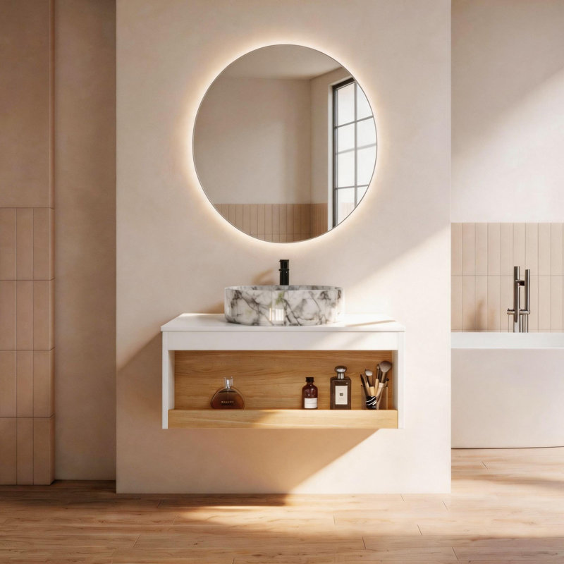 Meuble-lavabo mural 30 po avec lavabo en céramique et compartiments de rangement ouverts, 30, Gris