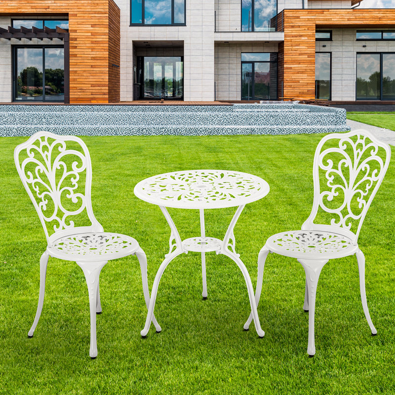 Bistro Table and Chairs Set of 2 with Umbrella Hole for Garden,White, White