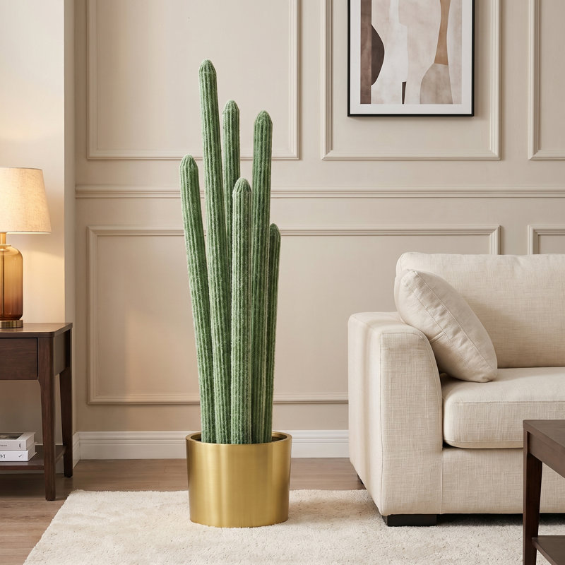 4' Artificial Cactus in Gold Metal Pot