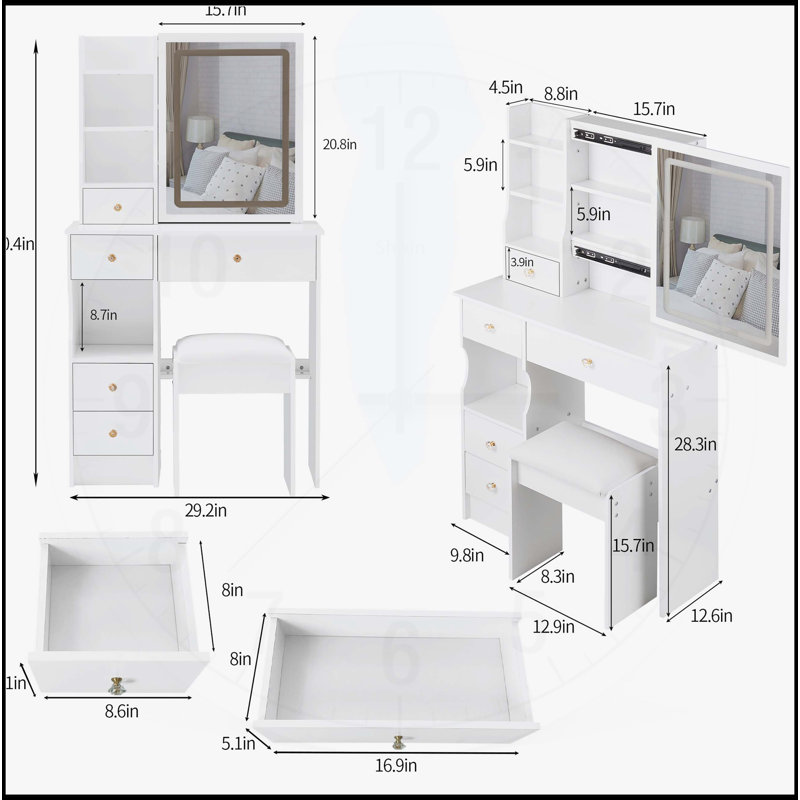 Table de coiffeuse compacte avec miroir à DEL de pointe et grand espace de rangement, Blanc
