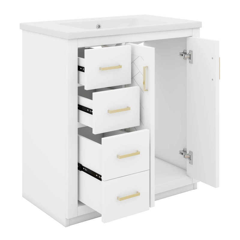 Meuble-lavabo sur pied 36 po avec lavabo en céramique, armoire de rangement moderne à 3 tiroirs et 2 portes, Blanc