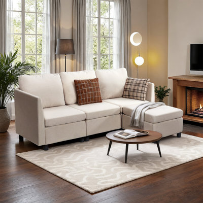 Modular Sectional Sofa, 3-Seater Modular Sofa with Hidden Storage, Cloud Sectional Couch with Ottoman & High Rebound Sponge, Solid Wood Frame Upholste