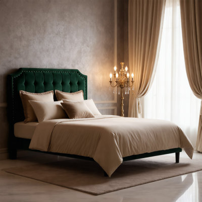 Elegant (Green) Faux Leather Platform Bed Frame, Tufted Button Headboard with Nailhead Trim, No Box Spring Needed, Easy Assembly, (Queen Size)