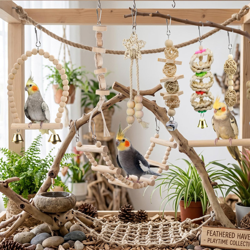 Ensemble de 9 jouets pour perroquets 9 pièces - Balançoires, perchoirs, hamacs et échelles en bois suspendus et debout pour petits et moyens oiseaux
