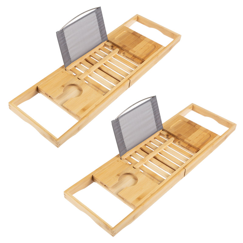 Plateau pour baignoire en bambou Francion - 2 tables de salle de bain en bois naturel avec côtés extensibles, porte-gobelet et support pour livre, téléphone intelligent ou tablette par Home-Complet