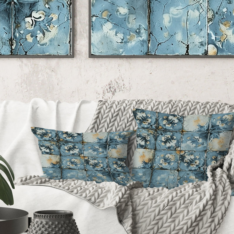 Carreaux floraux bleus rustiques - Coussin Farmhouse, H 16 po x l 16 po, Carrée
