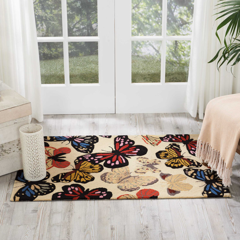 Tapis crocheté à la main beige / bleu / rouge Colleen, Rectangle 2 pi 6 po x 4 pi