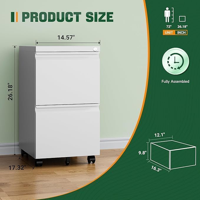 Classeur en métal robuste à 2 tiroirs avec serrure, rangement mobile pour dossiers, White