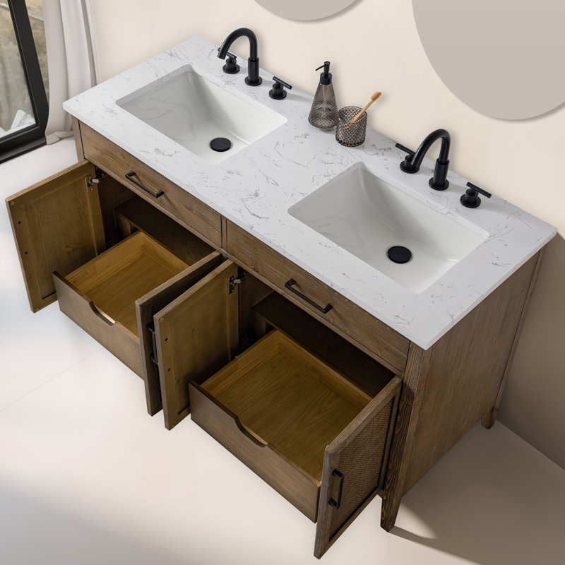 Meuble-lavabo double 54 po avec dessus Sebastiano, Brun antique / cuivre antique