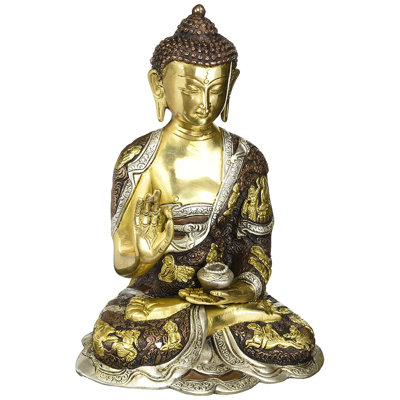 Handcrafted Brass Tibetan Blessing Buddha Statue, 12 in., Traditional Buddhist Figurine for Meditation Room & Home Altar Decor