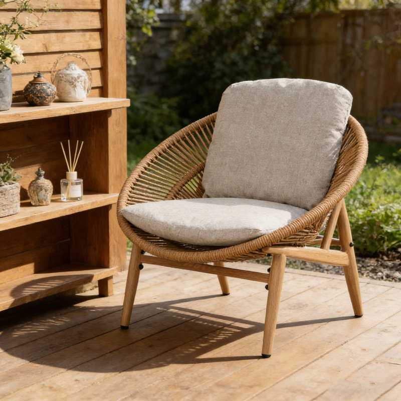 Chaise longue d'extérieur en osier, Beige, Brun clair-1