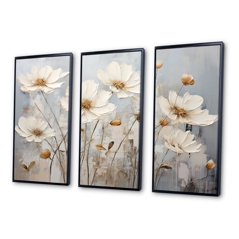 «White Buttercups On Beige Simplicity», ensemble d'art sur toile Buttercups, Cadre flottant noir, H 32 po x l 48 po x P 1 po