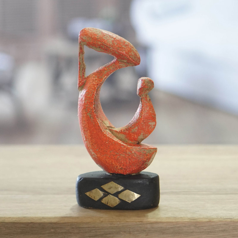 Hand-Painted Orange and Black Wood Sculpture with Brass Accents