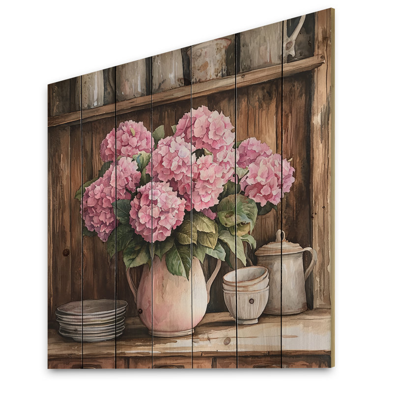 Hortensias dans la cuisine de la ferme dans un vase en poterie III - hortensia, décoration murale sur bois de pin naturel