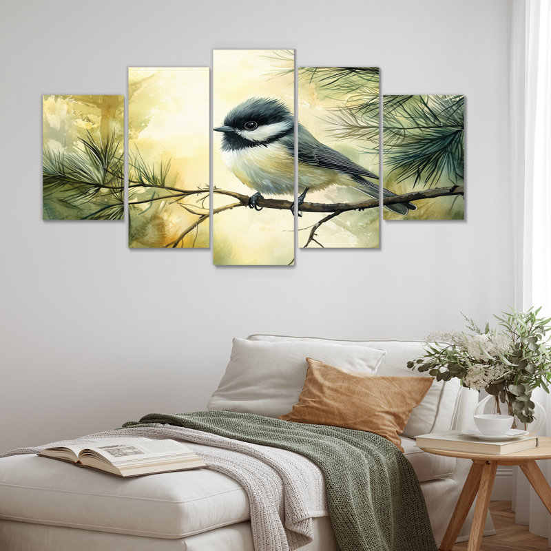 Chickadee Bird In The Autumn Pines II - Art mural oiseau - ensemble d'art mural moderne