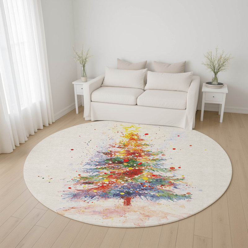 Premium Machine Washable Dockside AMF1809 Watercolor Christmas Tree Rug, Round 8'