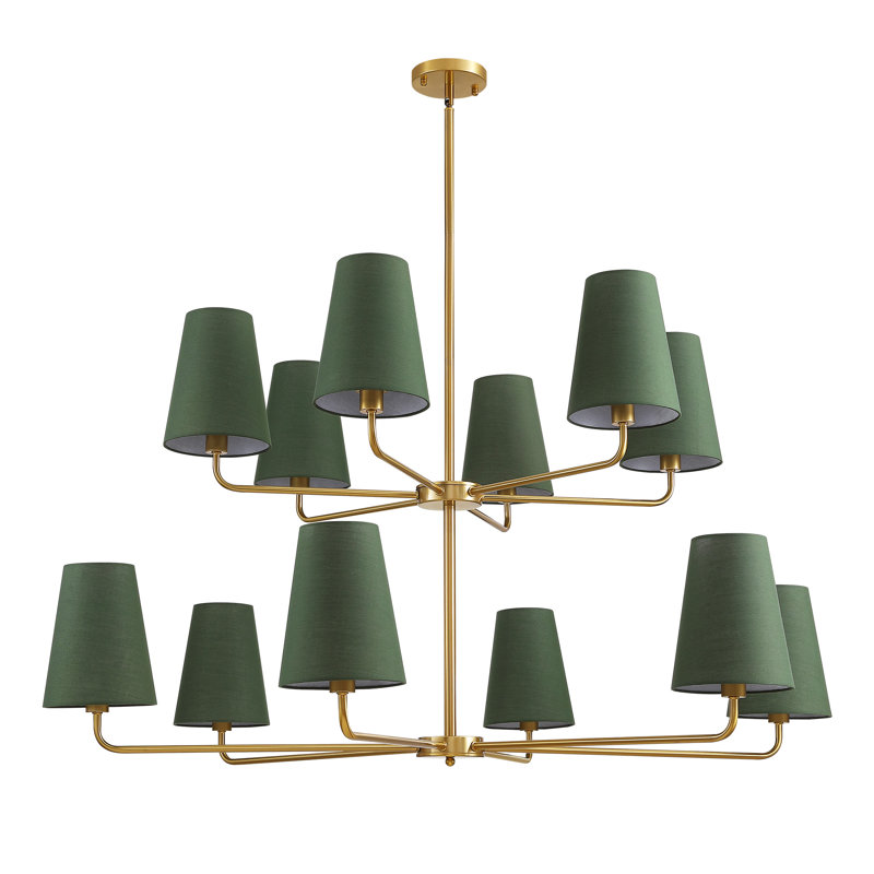 Abbiney 12-Light Dimmable Tiered Classic / Traditional Chandelier With Tapered Green Linen Fabric Shades