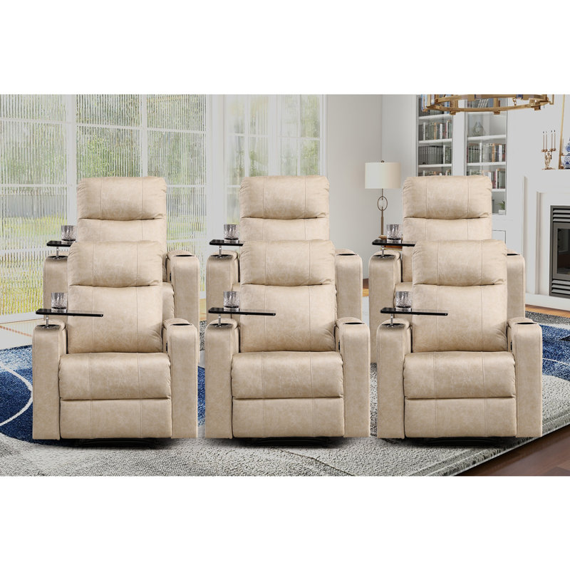 33.1" Wide Modern and Breathable Faux Leather Power Reclining Home Theater Individual Seat with Cup Holder(Set of 6), Beige