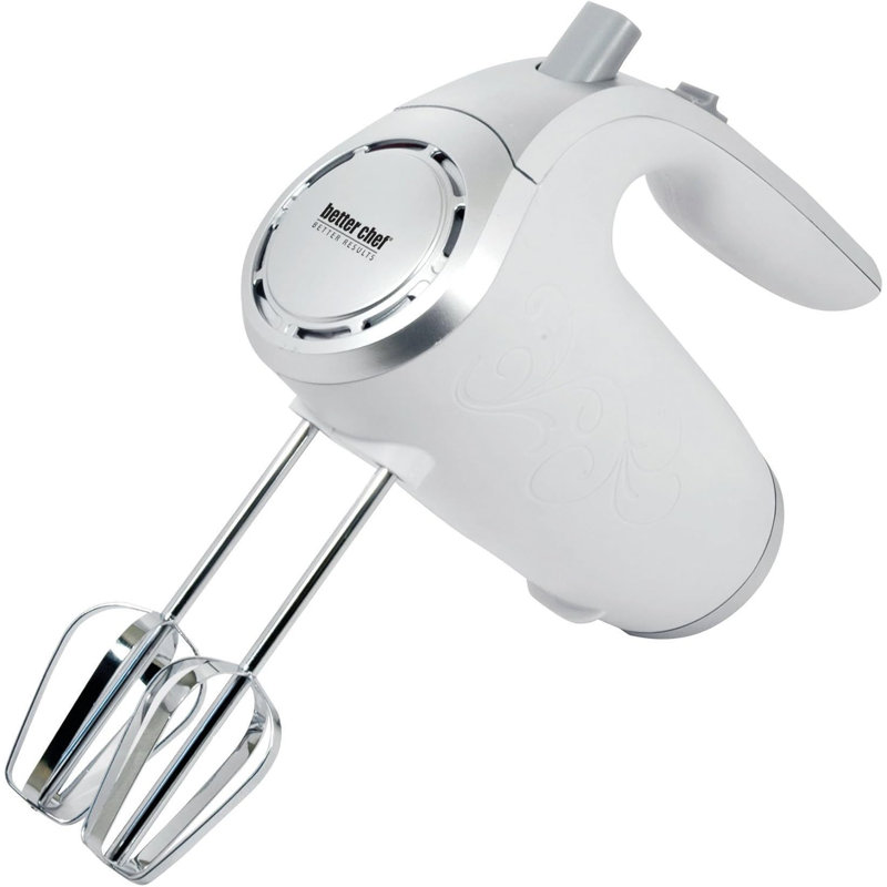 Better Chef 5-speed 150-watt Hand Mixer In White With Silver Accents – Stainless Steel Beaters & Dough Hooks, Ergonomic Handle
