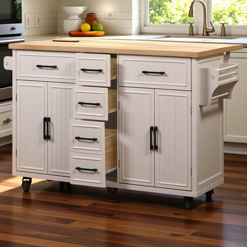 Îlot de cuisine 56,5 po avec rallonge, prise de courant, chariot de cuisine sur roulettes à rayures verticales en relief avec 4 portes, 5 tiroirs profonds et tablettes réglables, pour la cuisine, la salle à manger, blanc