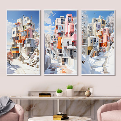 De Stijl, ville moderne en hiver - neige, ensemble de 3 reproductions d'art mural