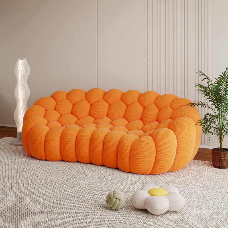 Modern Upholstered Arc-Shaped 3D Knit Fabric Compression Sofa, No Assembly Required（3 Seat）, Orange