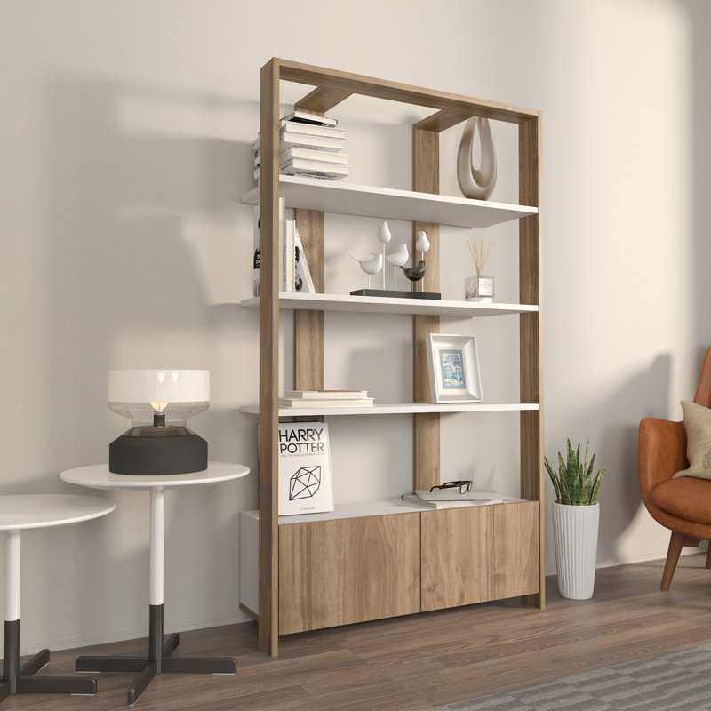Bibliothèque moderne avec finition blanche et noyer, 36,9 x 63,0 x 12,4 pouces | 100% panneau de particules enduit de mélamine, épaisseur: 0,7 pouce | Solution de rangement élégante pour la maison ou le bureau, design durable et élégant