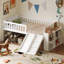 Structure de lit simple avec tablette de rangement, structure de lit en bois avec glissière et échelle, lit plateforme simple avec garde-corps, aucun sommier requis, assemblage facile, blanc