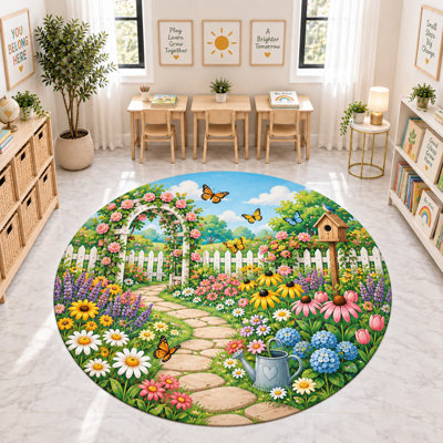 "Ultra Thin" 6' x 6' Floral Garden Butterfly Round Area Rug, Soft Low Pile Indoor Rug and Non-Slip Silicone Backing Carpet for Nursery, Kids Room and Playroom