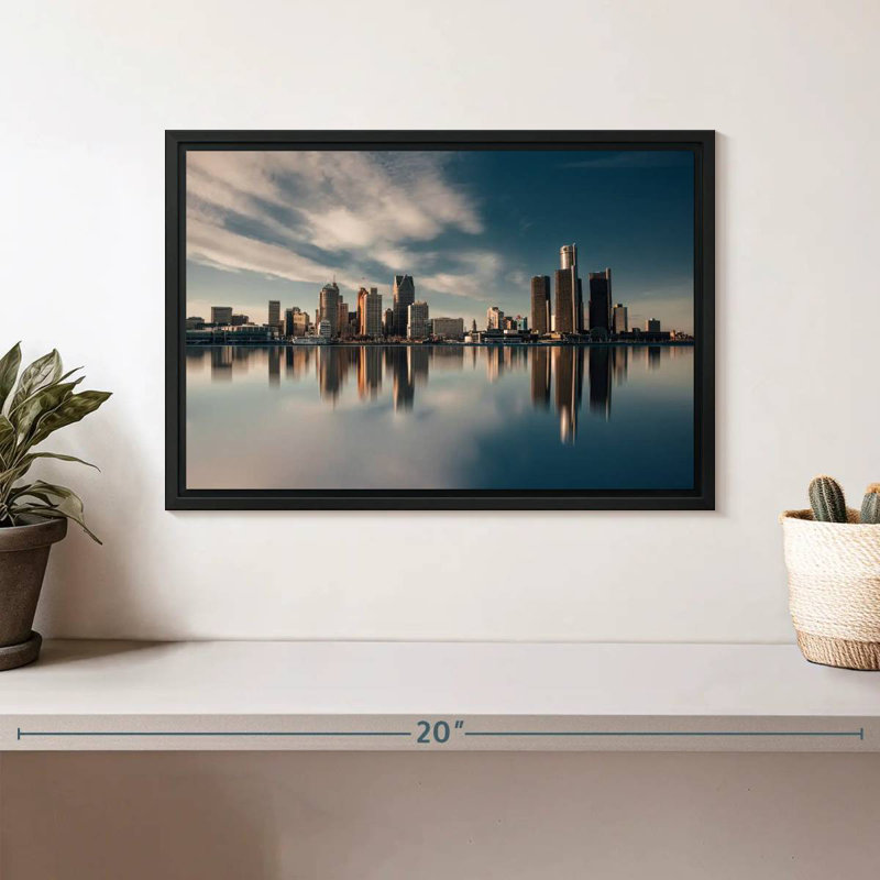Reflet de Detroit Skyline, Cadre flottant noir, 13 po x 9 po