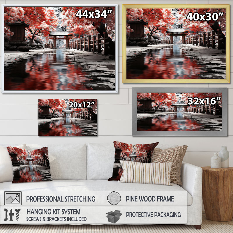 «Japon Art Red Torii Gate II», reproduction d'art sur toile, Cadre flottant blanc, H 16 po x l 32 po x P 1 po