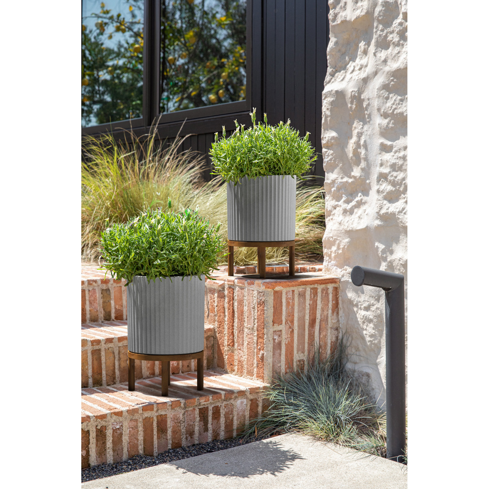 Demi Series Planter with Stand, 2, Gray/Brown, 16" H x 10.5" W x 10.5" D