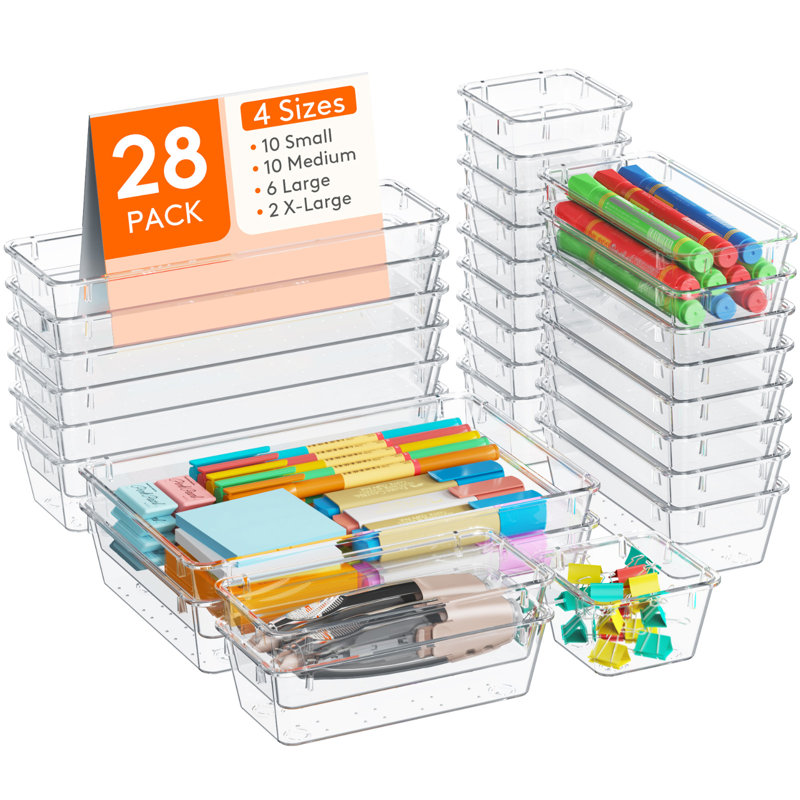 Clear Plastic Desk Drawer Dividers Set, 28 Pieces in 4 Sizes