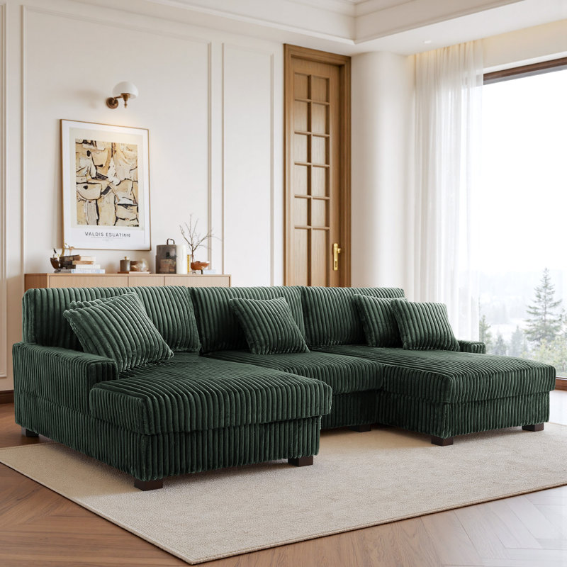 3 Seater Sectional, Green Polyester/Foam Padding