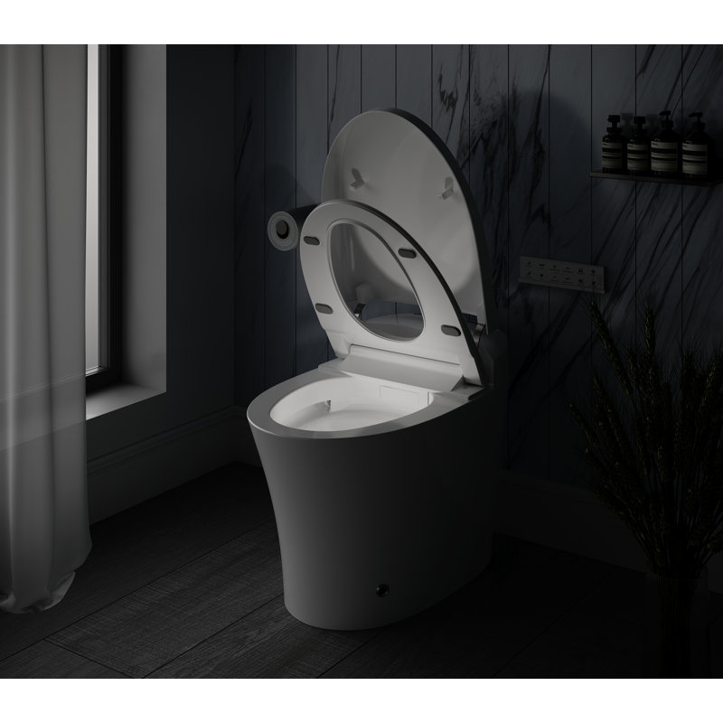 Bidet de toilette allongé Streamline LT-658 sans réservoir 1,28 GPF en blanc avec lavage avant / arrière, lavage de massage, chasse automatique, fermeture douce, veilleuse, capteur de pied, désodorisation, chasse automatique, siège chauffant, sécheu