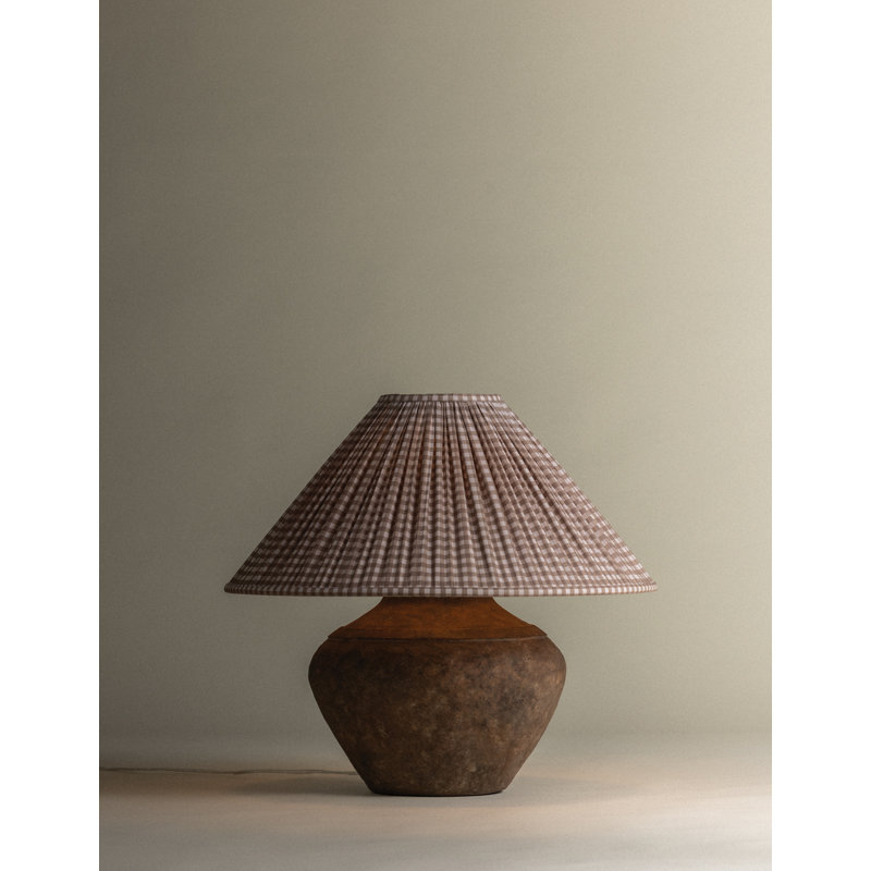 Calabria Table Lamp With Bloom Slate Shade, Gingham Brown Shade
