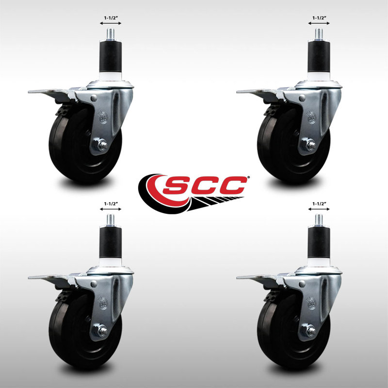 4 Inch SS Soft Rubber Swivel 1-1/2 Inch Expanding Stem Caster Set Brake