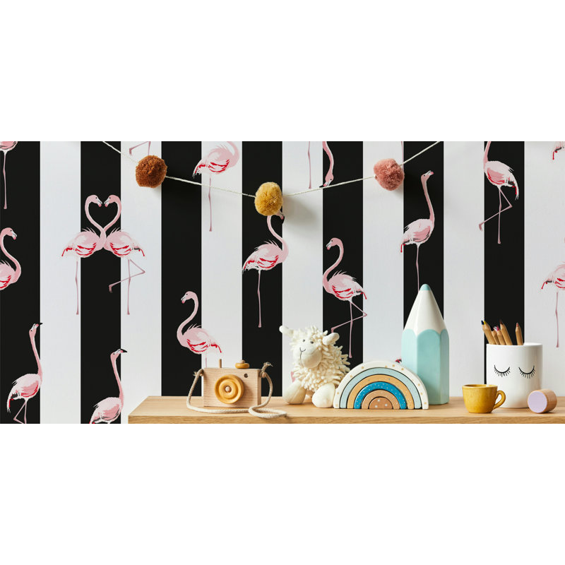 Papier peint rayé rose et noir Flamingo, L 75 po x l 112 po