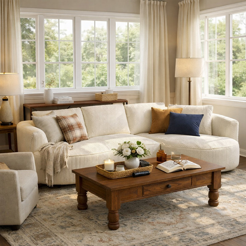 122" Modern Curved Sofa Couch with Chaise,Upholstery Corduroy Sectional Sofa, Right Hand Facing, White Corduroy
