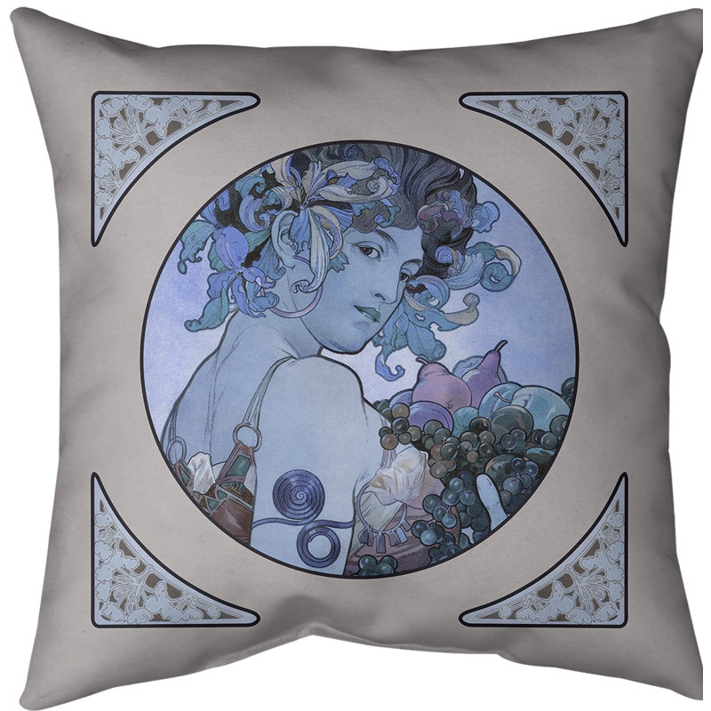 Coussin décoratif à panneaux de fruits alphonse mucha, 14 po x 14 po, Bleu, Faux lin