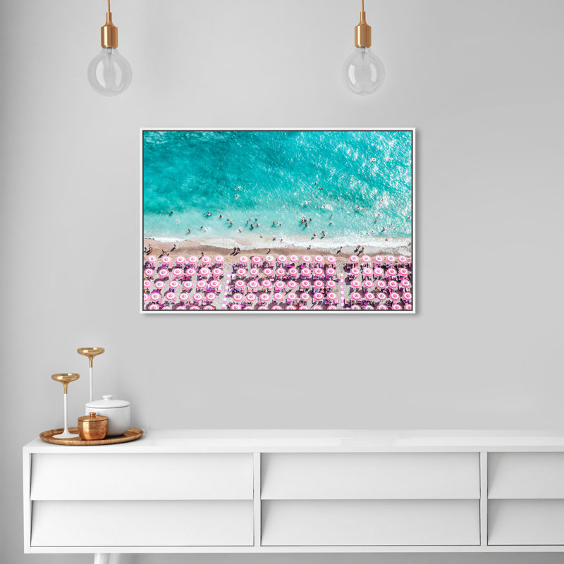 " Paradise Beach Umbrellas ", 24" H x 36" W, White Floater Framed