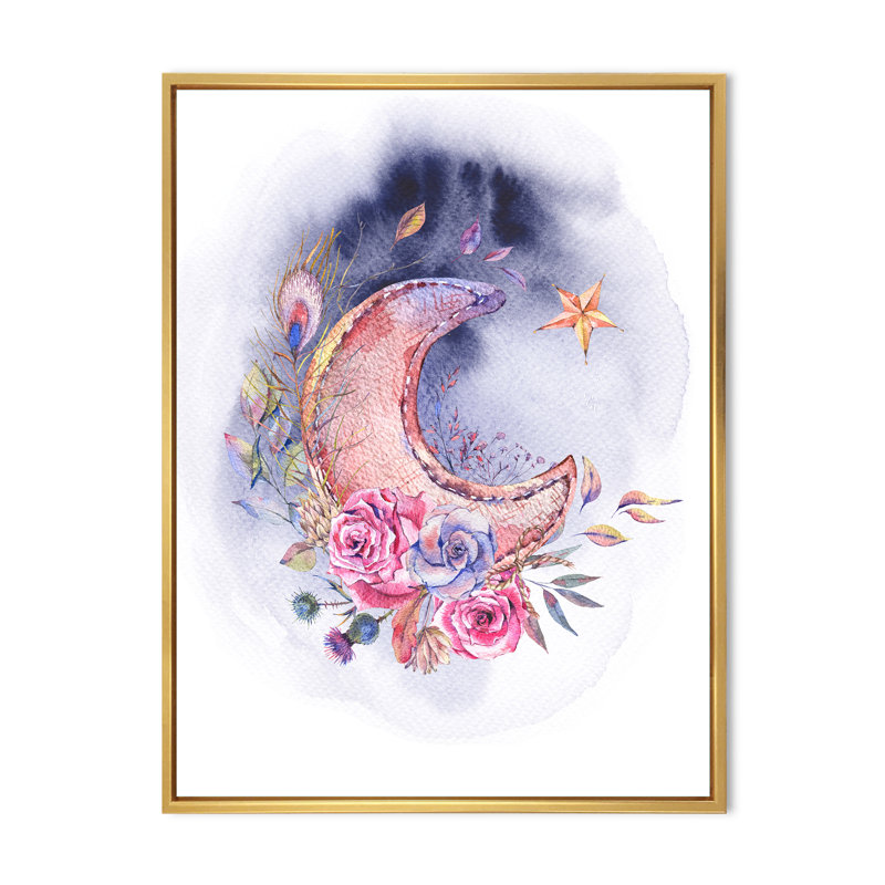 Ramadan Vintage Pink Moon - peinture sur toile, H 32 po x l 24 po x P 1 po, Cadre flottant doré