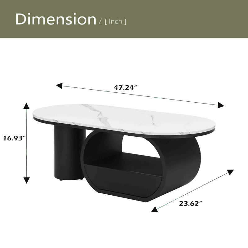 Table basse ovale de luxe moderne, table basse de 47,24 po avec tiroir de rangement, plateau en faux marbre, table centrale en métal pour le salon