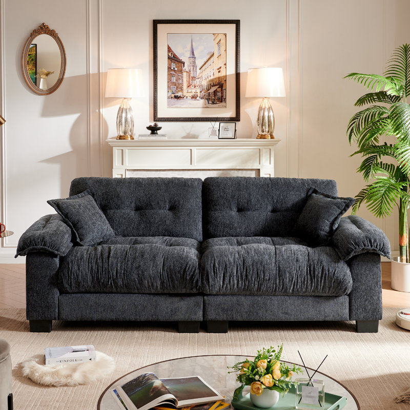 91" Chenille Upholstered Sofa With Soft Overstuffed Seating And Pillow Arm, Dark Gray
